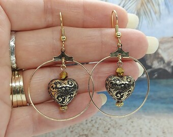 Golden heart hoop earrings, heart dangle earrings, hoop earrings with beads