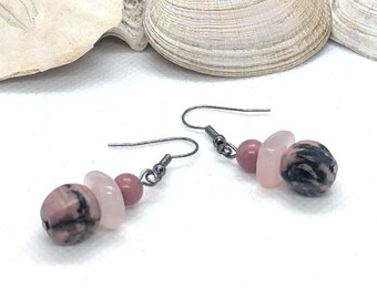 Rhodonite & Rose Quartz Chunky Dangle Earrings: Gunmetal Gemstone Beads