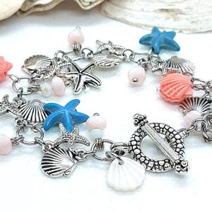 Turquoise Coral Ocean Charm Bracelet: Silver Starfish Shell Jewelry image 1