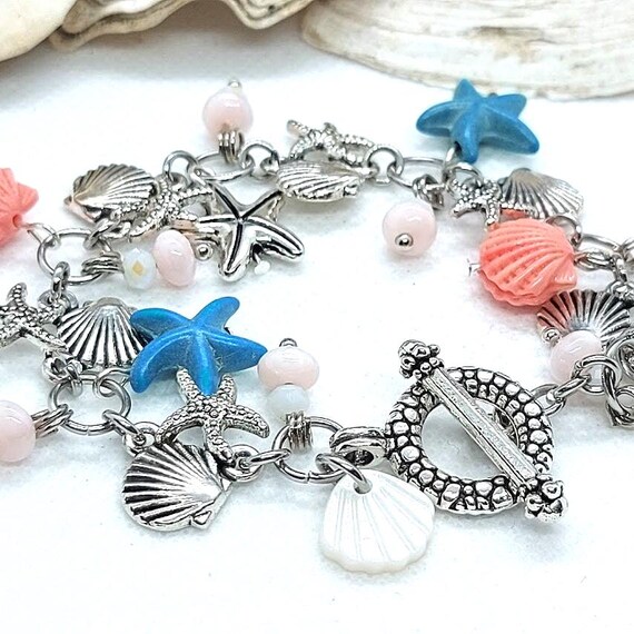 Turquoise Coral Ocean Charm Bracelet: Silver Starfish Shell Jewelry