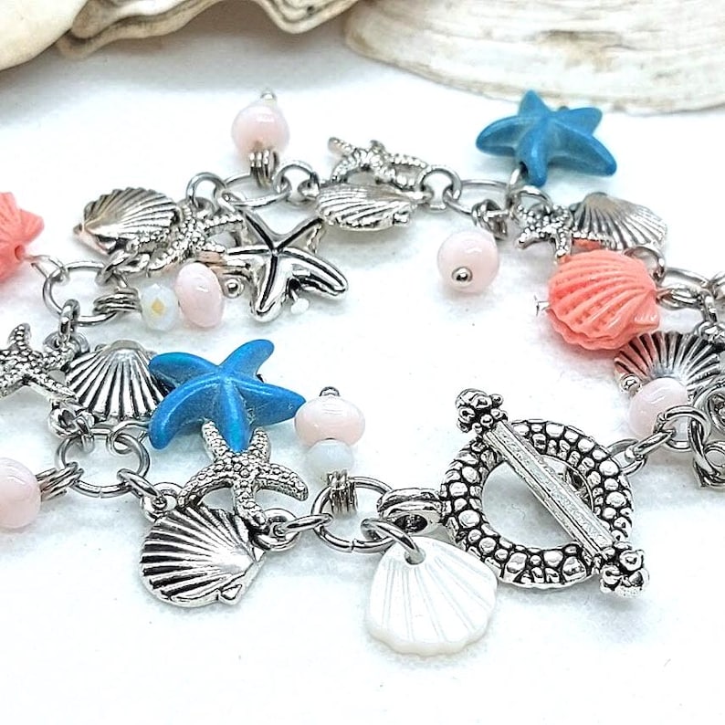 Turquoise Coral Ocean Charm Bracelet: Silver Starfish Shell Jewelry image 1