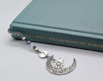 Sun moon & stars beaded bookmark, celestial metal bookmark, silver and blue bead bookmark, book lover gift under 30 dollars