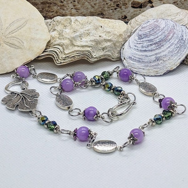 Asymmetrical rosary chain silver necklace, mountain jade gemstone & crystal leaf necklace, violet and green chunky beaded necklace