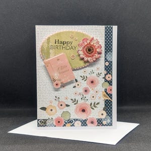 Carte d'anniversaire livres et fleurs, carte de voeux, carte d'amateur de livres, carte pour elle, carte rose et verte