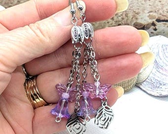 Violet Tulip Dangle Earrings: Butterfly & Leaf Charm Waterfall Jewelry