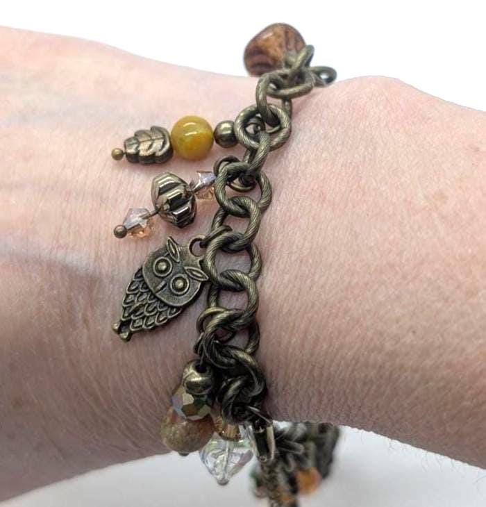 Antique Bronze Charm Bracelet: Owl, Leaf, Gemstone Dangles