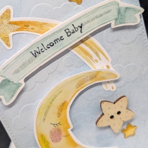 Carte de bébé bleue et jaune, carte de voeux, carte de baby shower, carte de bienvenue de bébé, carte d'étoiles de lune et de nuages