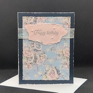 Mom pink and blue birthday card, greeting card, birthday card for her, vintage roses card