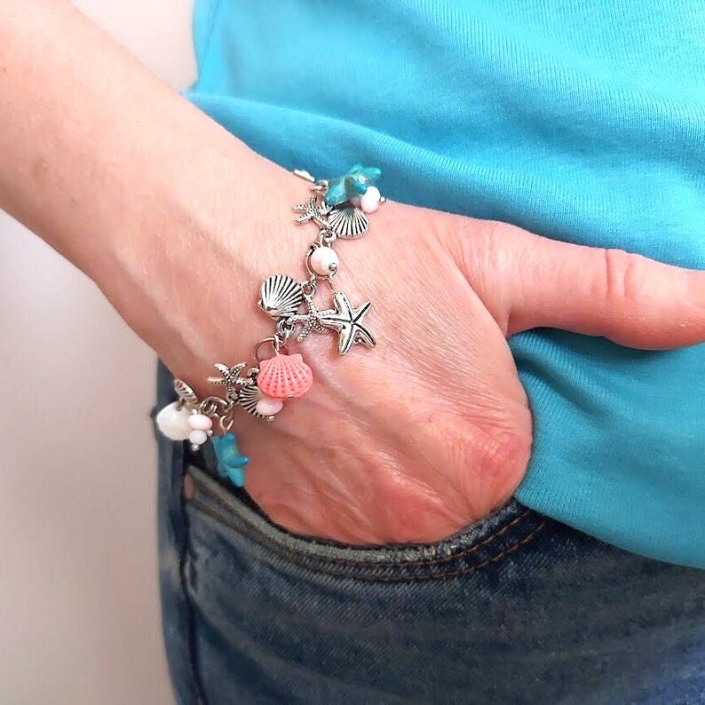 Turquoise Coral Ocean Charm Bracelet: Silver Starfish Shell Jewelry image 2