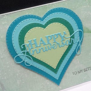 Carte d'anniversaire, carte de voeux, notre anniversaire, carte coeurs empilés bleu et vert