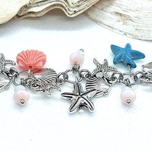 Turquoise Coral Ocean Charm Bracelet: Silver Starfish Shell Jewelry image 4