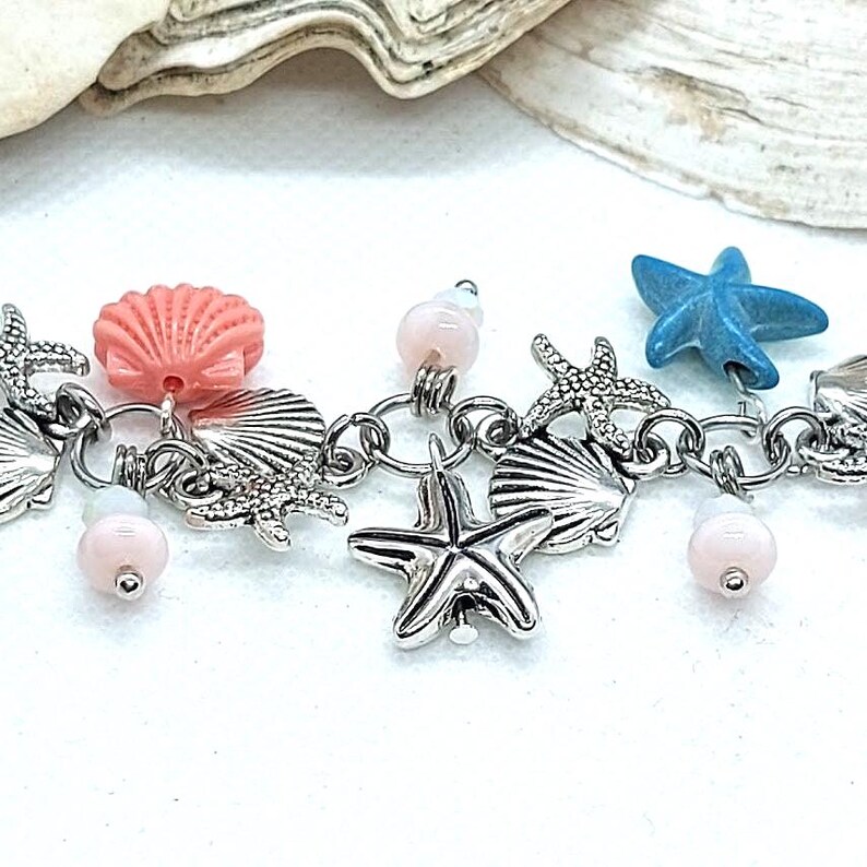 Turquoise Coral Ocean Charm Bracelet: Silver Starfish Shell Jewelry image 4