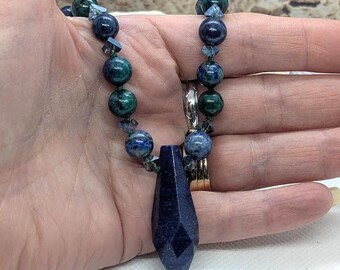 Hand Knotted Lapis Lazuli Pendant Necklace: Chrysocolla & Agate Gemstone