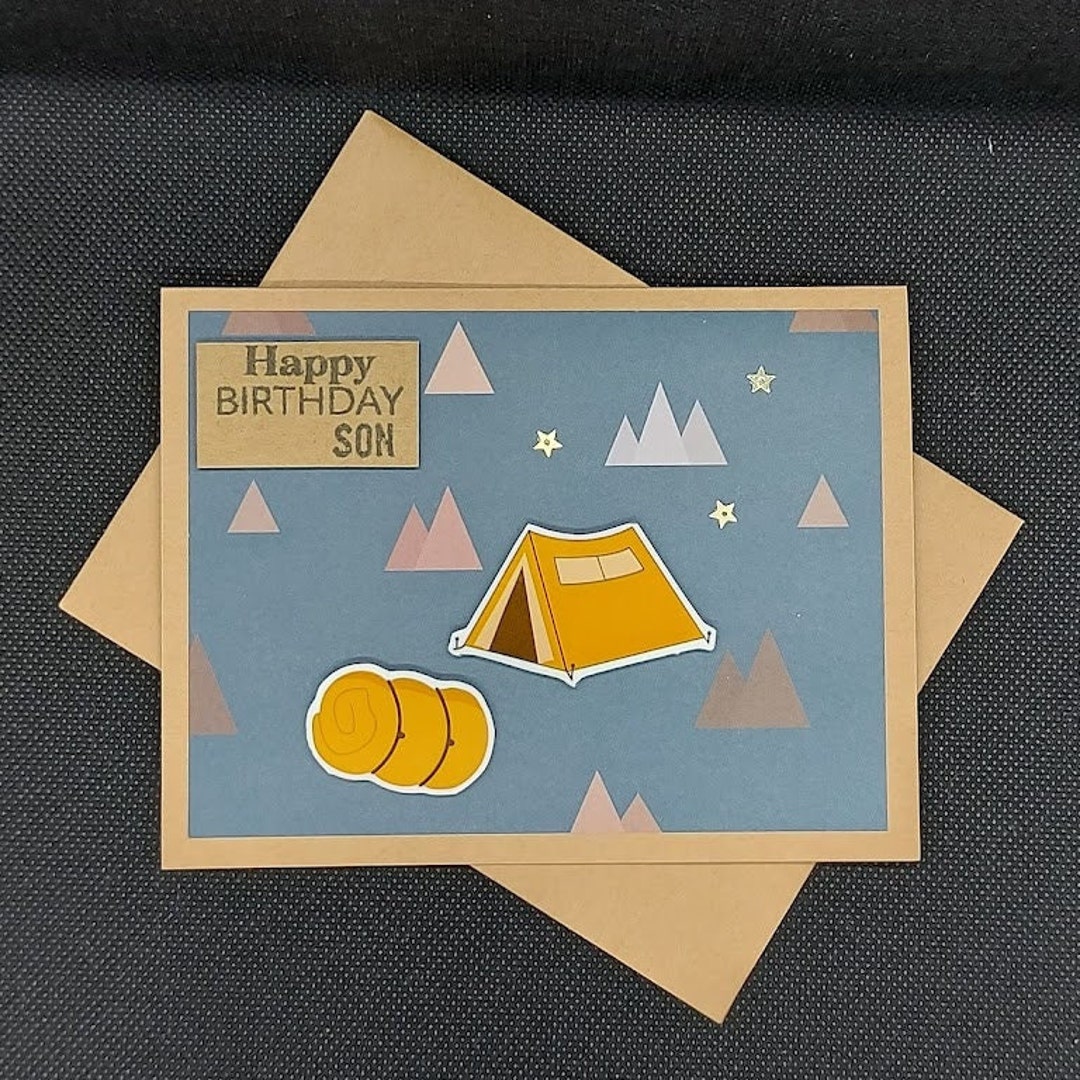 Son Camping Birthday Card, Greeting Card, Camping Card, Grey and Tan