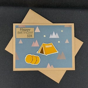 Carte d’anniversaire de camping Son, carte de vœux, carte de camping, carte grise et beige