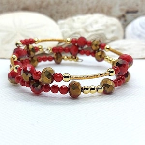 Red Crystal & Pearl Bangle Set: Gold Memory Wire Cuff Bracelet