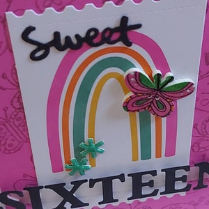 Sweet 16 rainbow card, carte de vœux, carte d’anniversaire pour elle, carte rose
