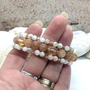 Peach Quartz Beaded Cuff Bracelet: Freshwater Shell Bird Charm