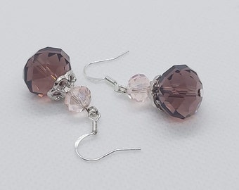 Purple and pink crystal dangle earrings, crystal beaded earrings, silver crystal earrings