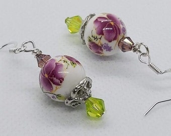 Floral ceramic stacked bead earrings, purple & green floral dangle earrings,  silver crystal earrings, gift for her under thirty dollars
