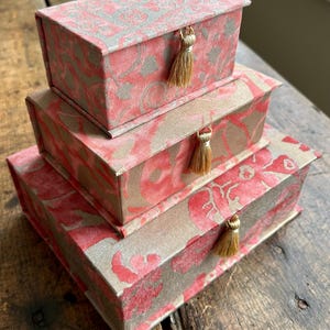 Stack of Three Fortuny Fabric Covered Boxes in my Favorite Raspberry Vivaldi, Melagrana, and Pigne