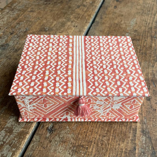 Large Fortuny Box in Coordinating Patterns in Coral, Bittersweet, Tomato Red and White