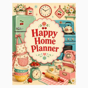 Könnte beinhalten: Ein Happy Home Planner-Cover mit einer Retro-Küchenszene, die einen mintgrünen Kühlschrank, einen blauen Herd, ein rosa Telefon, eine Schürze mit Kirschmuster, eine Waage mit Erdbeeren, ein Nudelholz und florale Vorratsdosen zeigt.