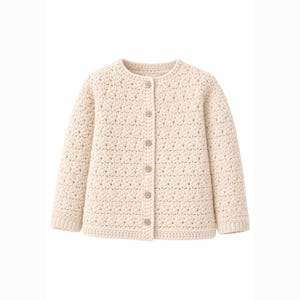 Könnte beinhalten: Cremefarbene Strickjacke mit Knöpfen. Der Pullover ist aus einem strukturierten Strickstoff mit rundem Ausschnitt und langen Ärmeln gefertigt. Die Knöpfe sind hellbraun.