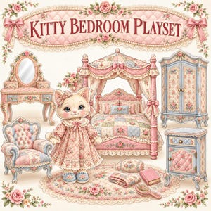 May include: A Kitty Bedroom Playset featuring a plush cat figure in a floral dress, a canopy bed, a vanity with mirror, an armchair, a wardrobe, and a nightstand. All items feature a quilted pink and blue floral pattern with lace trim.