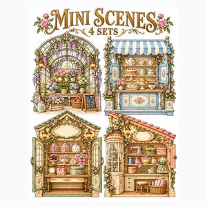 Op de afbeelding: Een vel met vier decoratieve miniscènes met het label MINI SCENES 4 SETS. De illustraties tonen een bloemrijke kas, een blauw-wit gestreepte theewinkel, een snoepwinkel met glazen potten en een naaikamer met een naaimachine en stoffen.