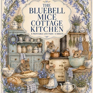 May include: A digital illustration titled THE BLUEBELL MICE COTTAGE KITCHEN 8 PRINTABLE LIST PADS 4 SHEETS. The scene depicts anthropomorphic mice in a rustic kitchen with blue and white floral decor, blue gingham accents, and bluebell garlands.