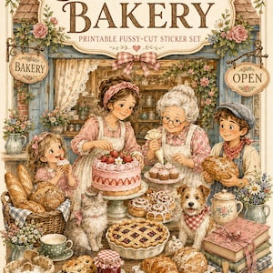 May include: A printable fussy-cut sticker set titled The Little Country Bakery featuring illustrations of people baking, a cat, a dog, various breads, pastries, a cake, and a pie. The set includes 48 pieces, 4 printable pages, and 300 DPI.