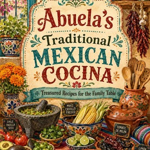 Könnte beinhalten: Ein Kochbuch mit dem Titel Abuela's Traditional Mexican Cocina und einer Küchenszene mit einem steinernen Molcajete, Mais, Tomaten, Avocados, Limetten, getrockneten Chilis und Keramikgeschirr auf einem bunten Tisch mit kleinen Kreidetafeln.