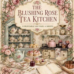 Può includere: Un set stampabile intitolato The Blushing Rose Tea Kitchen con 8 blocchi per appunti e 4 fogli. L'illustrazione raffigura una cucina con servizi da tè floreali, un bollitore rosa, un'alzata per dolci con cupcake e un libro aperto su un tavolo.