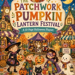 Patchwork Pumpkin Halloween Playset, 10 Page Printable Folk Art Festival, Kids Paper Doll Activity, Instant Download