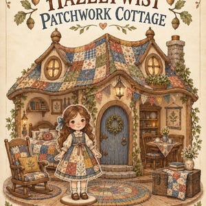 May include: A paper doll with long brown hair and a patchwork dress stands before a miniature cottage with a patchwork roof. The text reads THE HAZELTWIST PATCHWORK COTTAGE. The scene includes a rocking chair, a dining table, and a wooden chest.