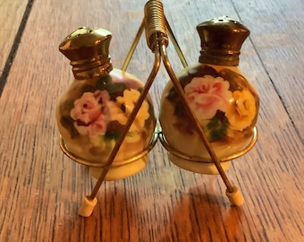 Vintage 1950’s Enesco Salt and Pepper Set with Metal Stand MCM