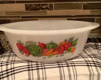 Vintage Glasbake Milk Glass 2 Quart Round Casserole Dish In The Vegetable Melody Pattern
