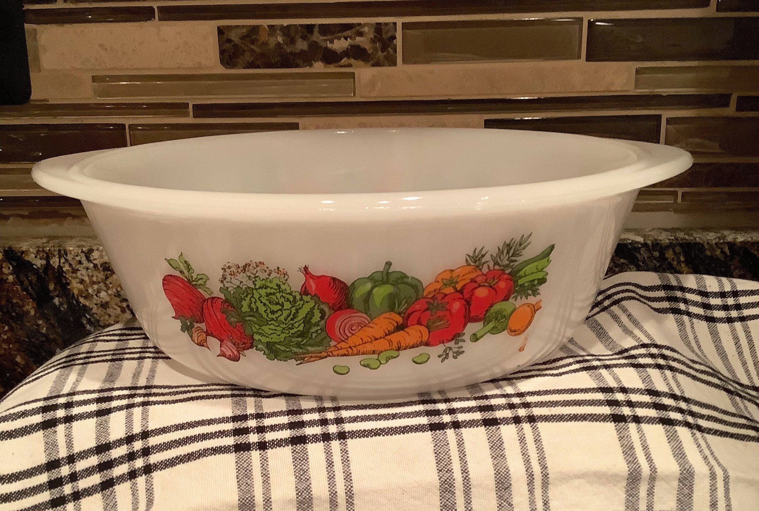 Vintage Glasbake Milk Glass 2 Quart Round Casserole Dish In The Vegetable Melody Pattern