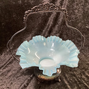 Antique Blue Ruffled Glass Victorian Wedding Bridal Basket  With Ornament Quadruple Silver  Plate Stand By Van Bergh CO.