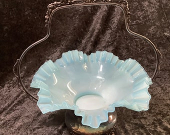 Antique Blue Ruffled Glass Victorian Wedding Bridal Basket  With Ornament Quadruple Silver  Plate Stand By Van Bergh CO.