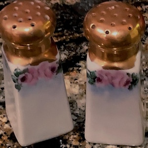 Vintage Porcelain Salt and Pepper Shaker Set In Gold and Floral Design