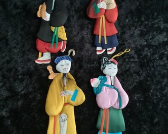 Vintage Handmade Painted Silk Paper Doll Ornaments Lot Of 4 - Asian Ornaments