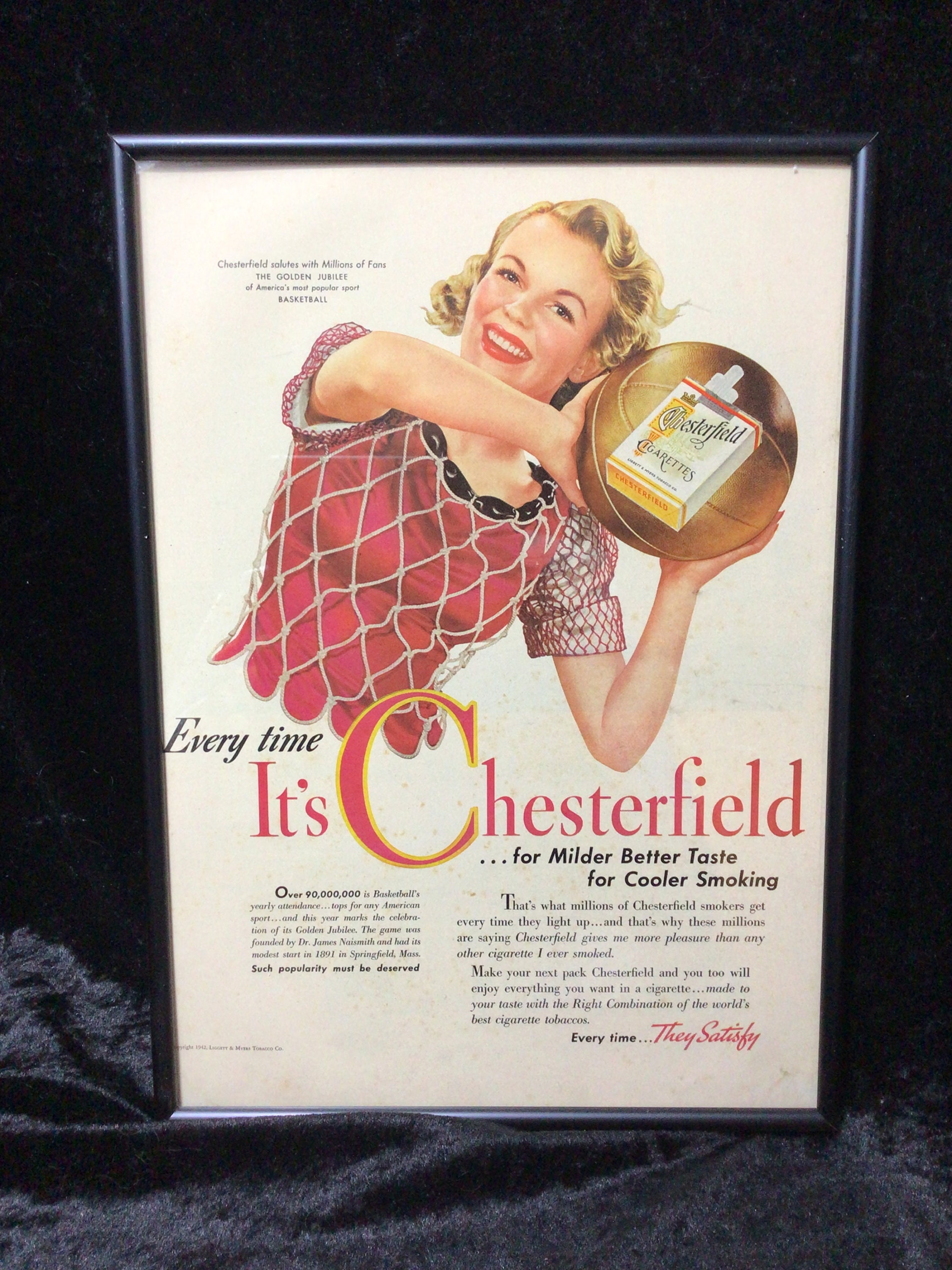 Rare vintage 1948 chesterfield cigarettes print ad - baseball