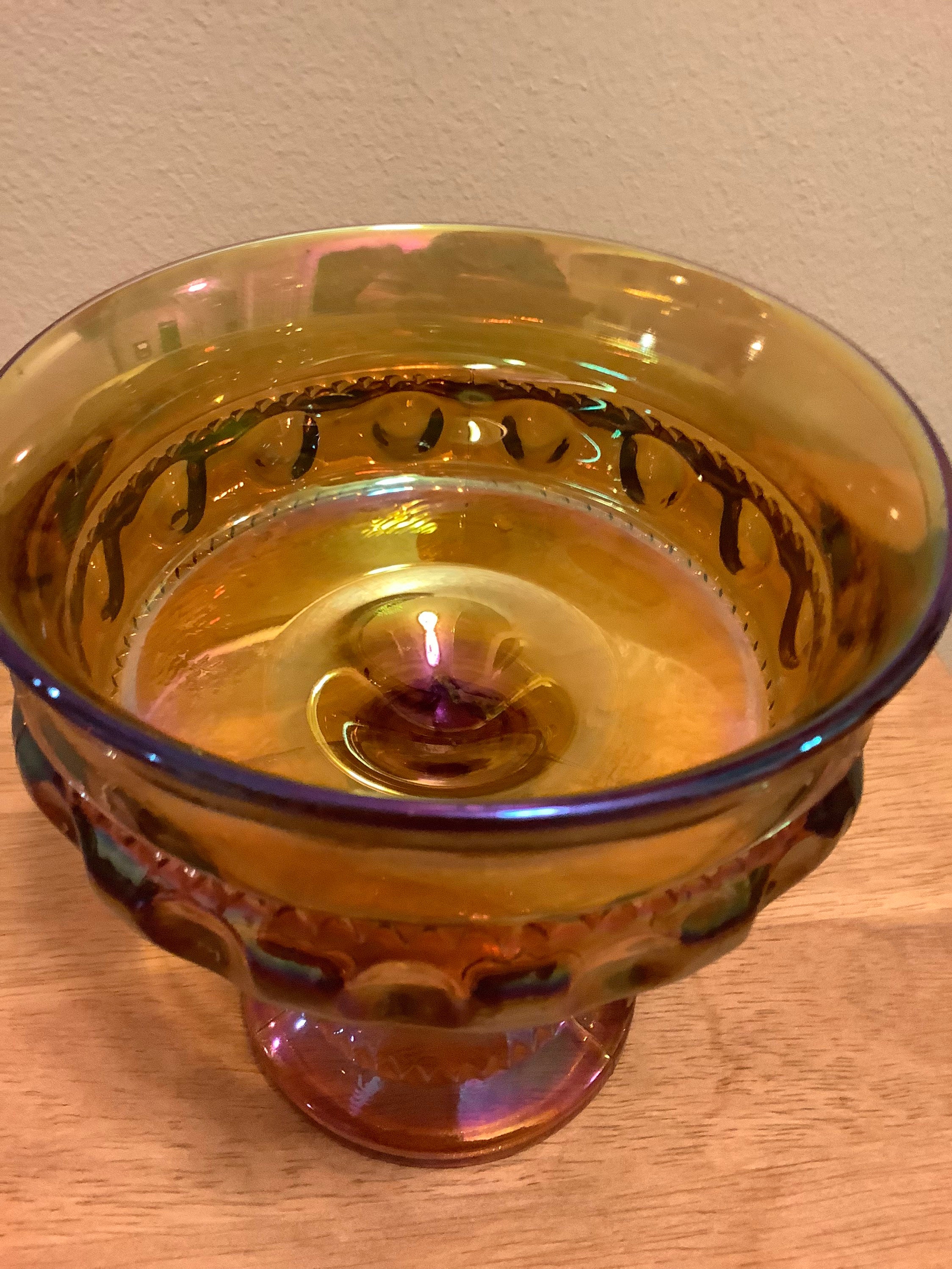 アメリカ製アンティーク　虹色に光るカーニバルグラス　角形ボウル【美品・稀少品】 ヴィンテージ MCM アンバー 虹色 カーニバル ガラス キャンディ ボウル