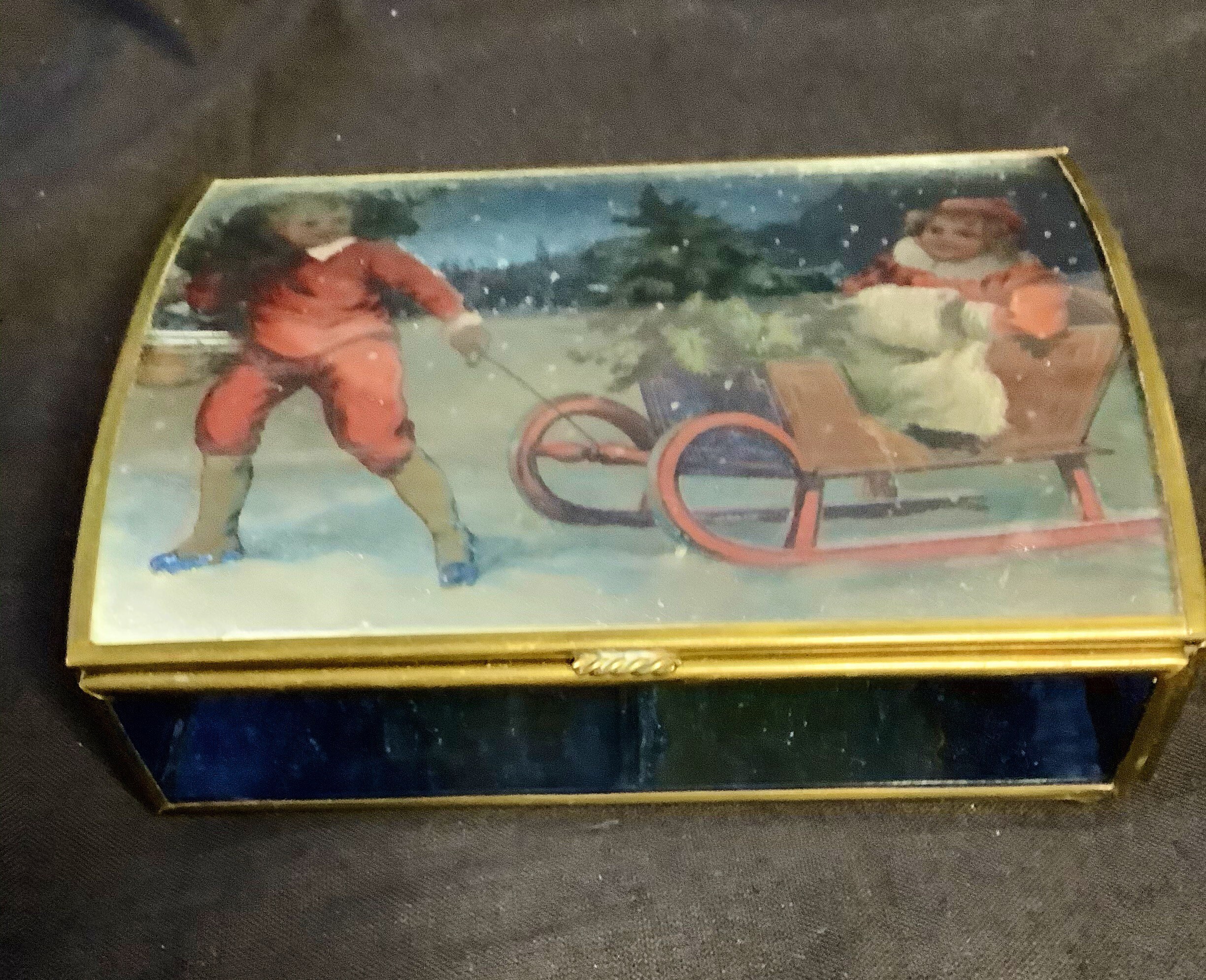 Vintage Via Vermont Glass Brass Mirrored Trinket Box with a Winter Scene