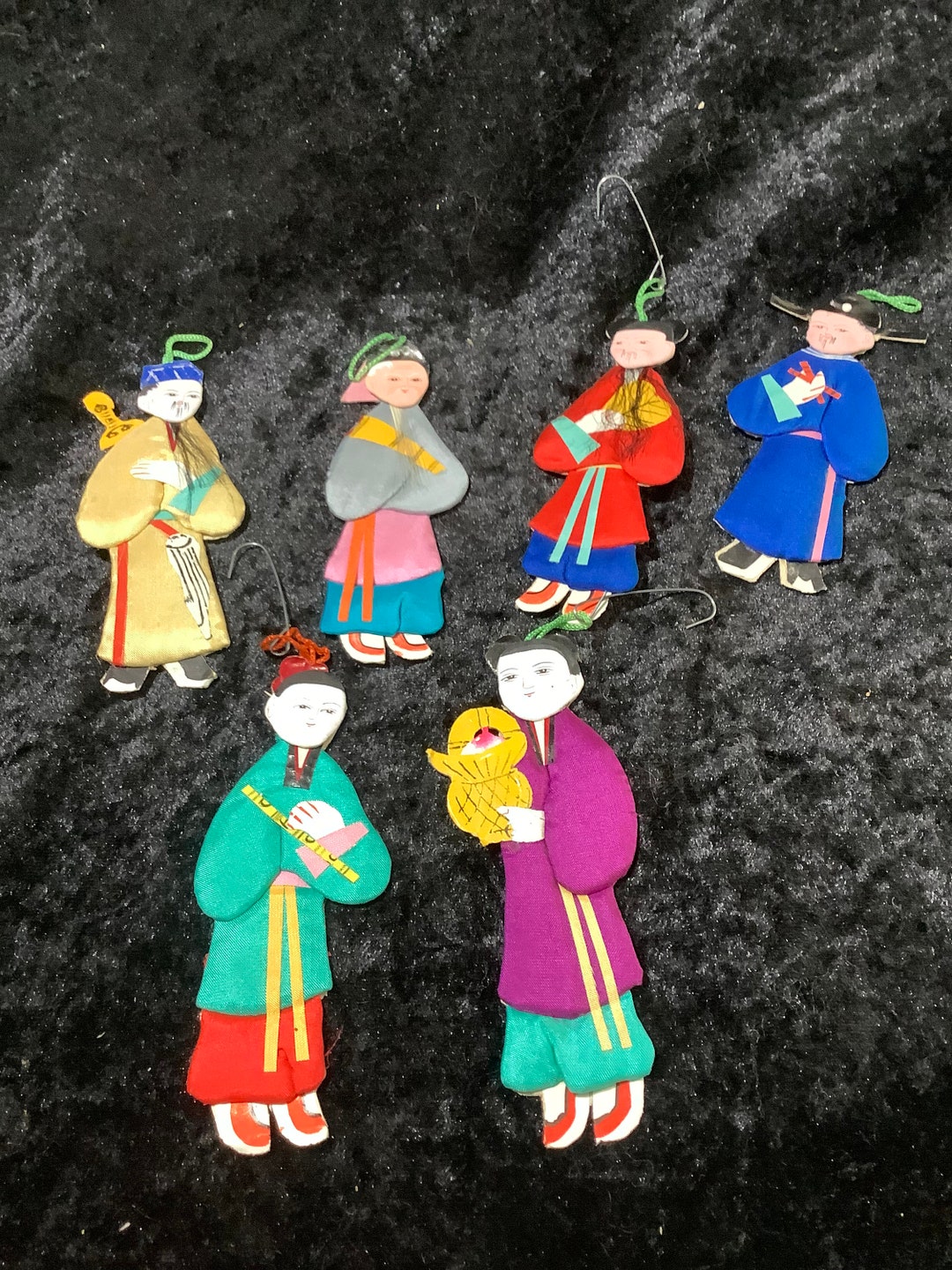Vintage Handmade Painted Silk Paper Doll Ornaments Lot of 6 Asian