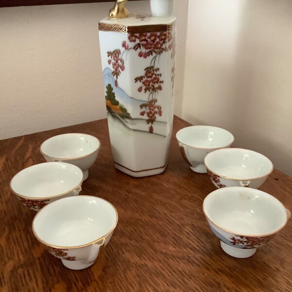 Vintage Kutani Japanese Hand Painted Whistling 7 Piece Sake Set - Vintage Barware