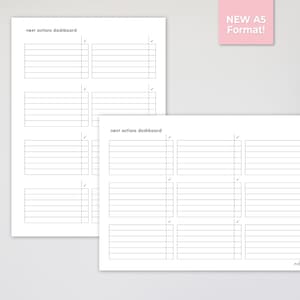 May include: Two printable next actions dashboards in A5 format. Each dashboard has six sections with lines for writing tasks and checkboxes for completion.