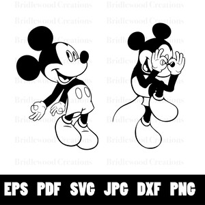 Op de afbeelding: Twee zwart-wit illustraties van Mickey Mouse. De eerste afbeelding toont Mickey Mouse staand met zijn armen uitgestrekt. De tweede afbeelding toont Mickey Mouse die zijn ogen bedekt met zijn handen.